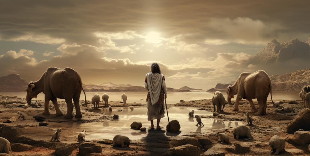 noah overlooking the land with his animals after the flood